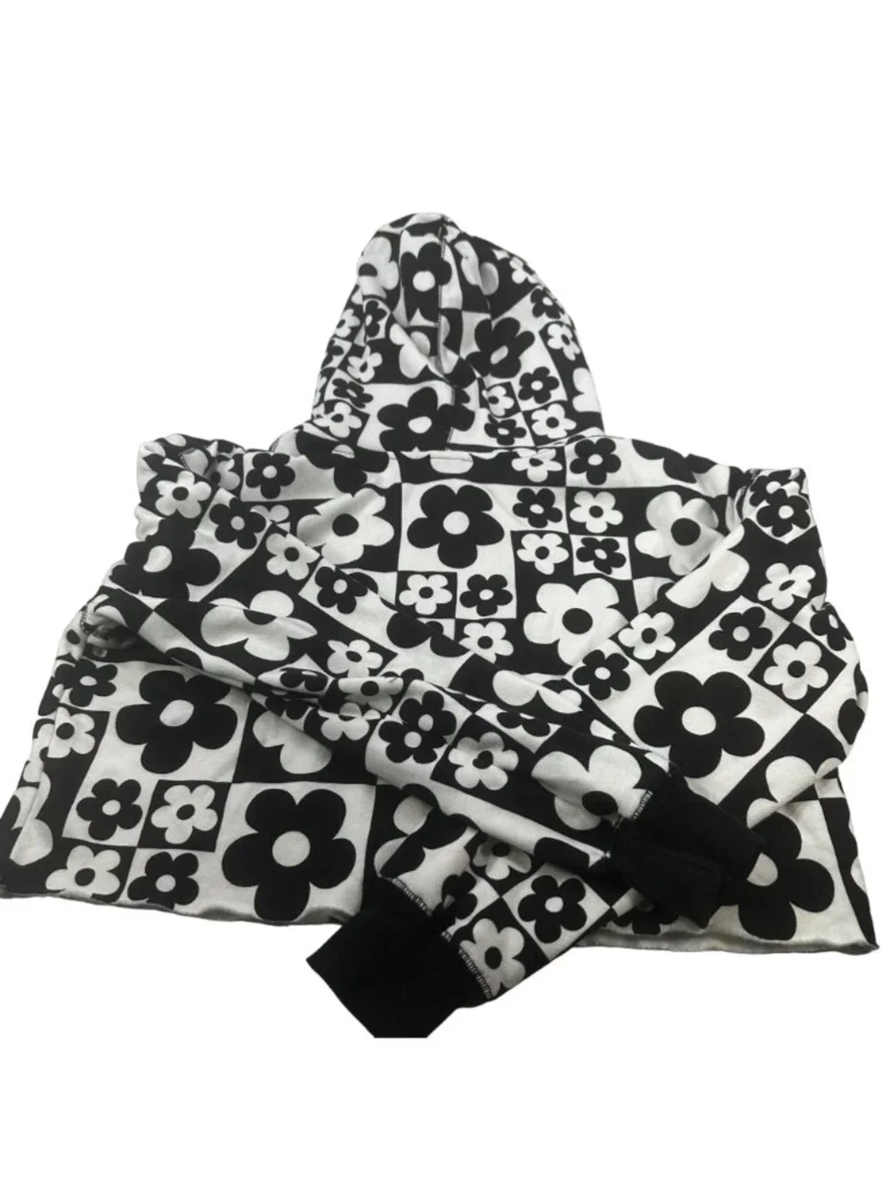 Wild Fable Women's Size Small Hoodie Cropped Black White Floral Squares New - Picture 2 of 14